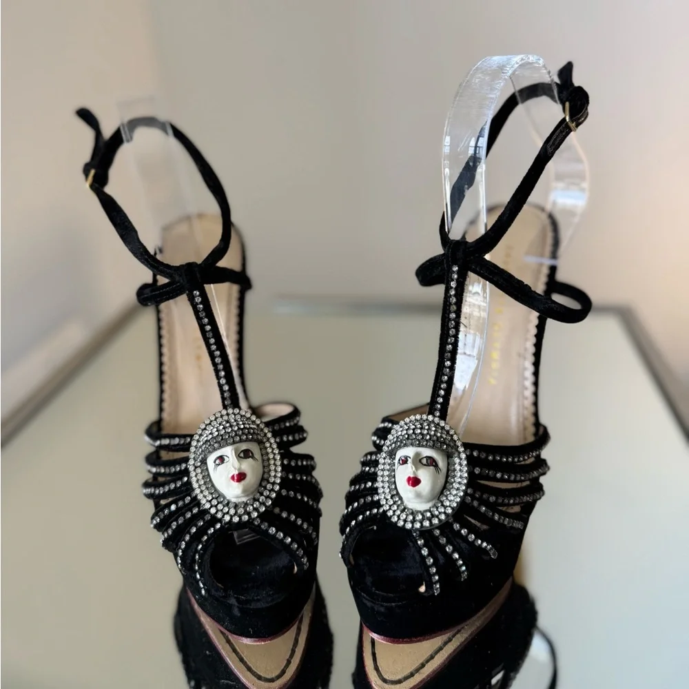 Charlotte Olympia Black Platform T-Strap Sandals with Ivory Block Heel 37